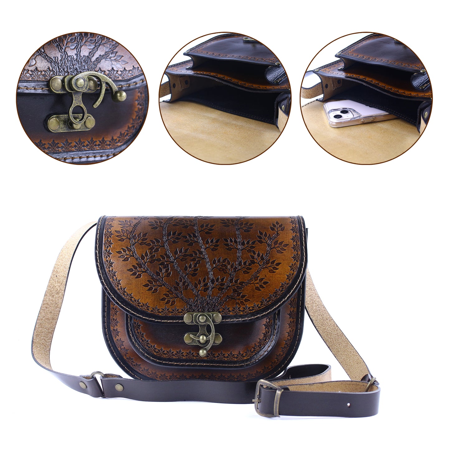 Handmade Leather Shoulder Bag – Tooled Tree of Life Design, Vintage Crossbody Purse– Zavelya Atelier