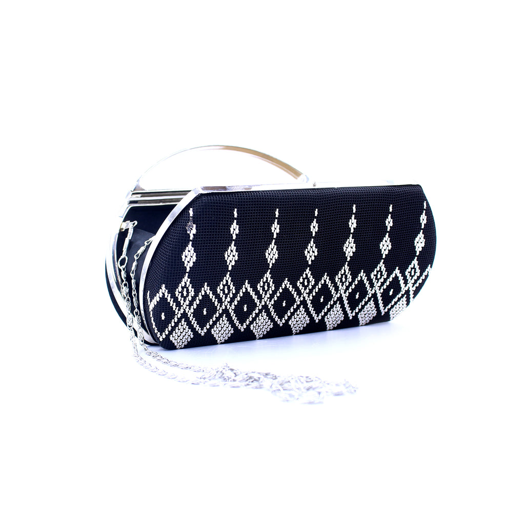 Luxury Black Velvet Clutch – Silver Embroidery