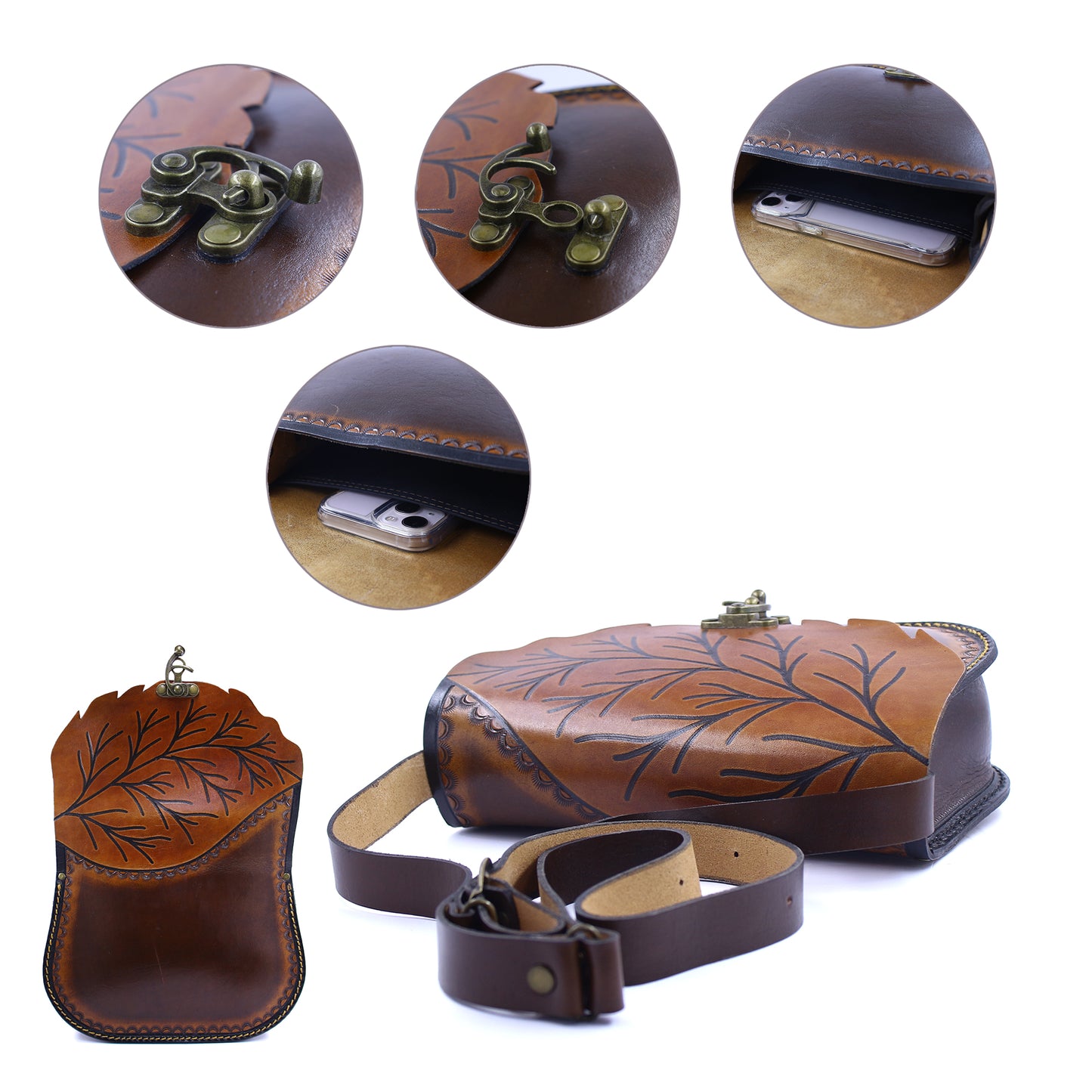 Handmade Leather Crossbody Purse | Brown Leaf Shoulder Bag | Zavelya Atelier