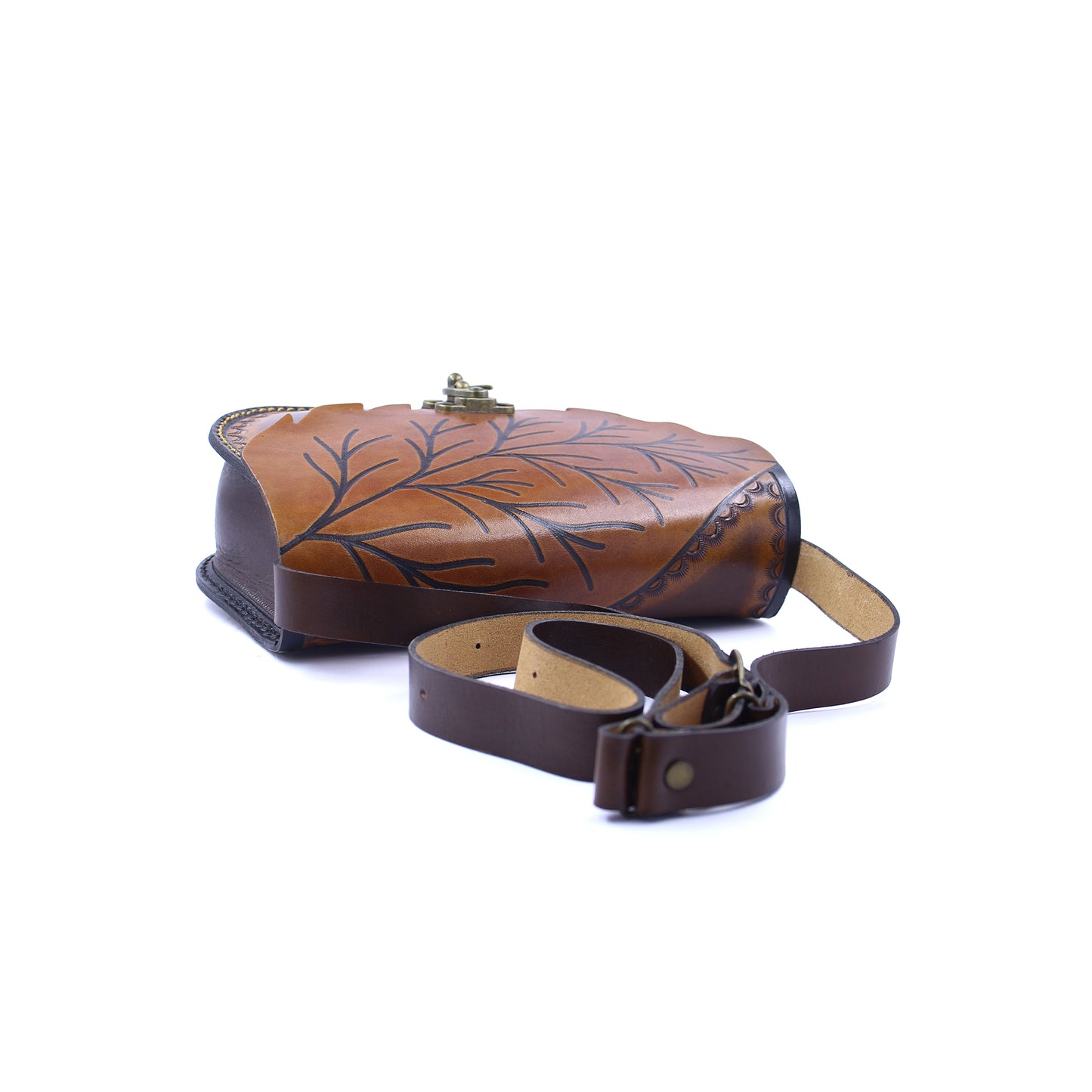 Handmade Leather Crossbody Purse | Brown Leaf Shoulder Bag | Zavelya Atelier