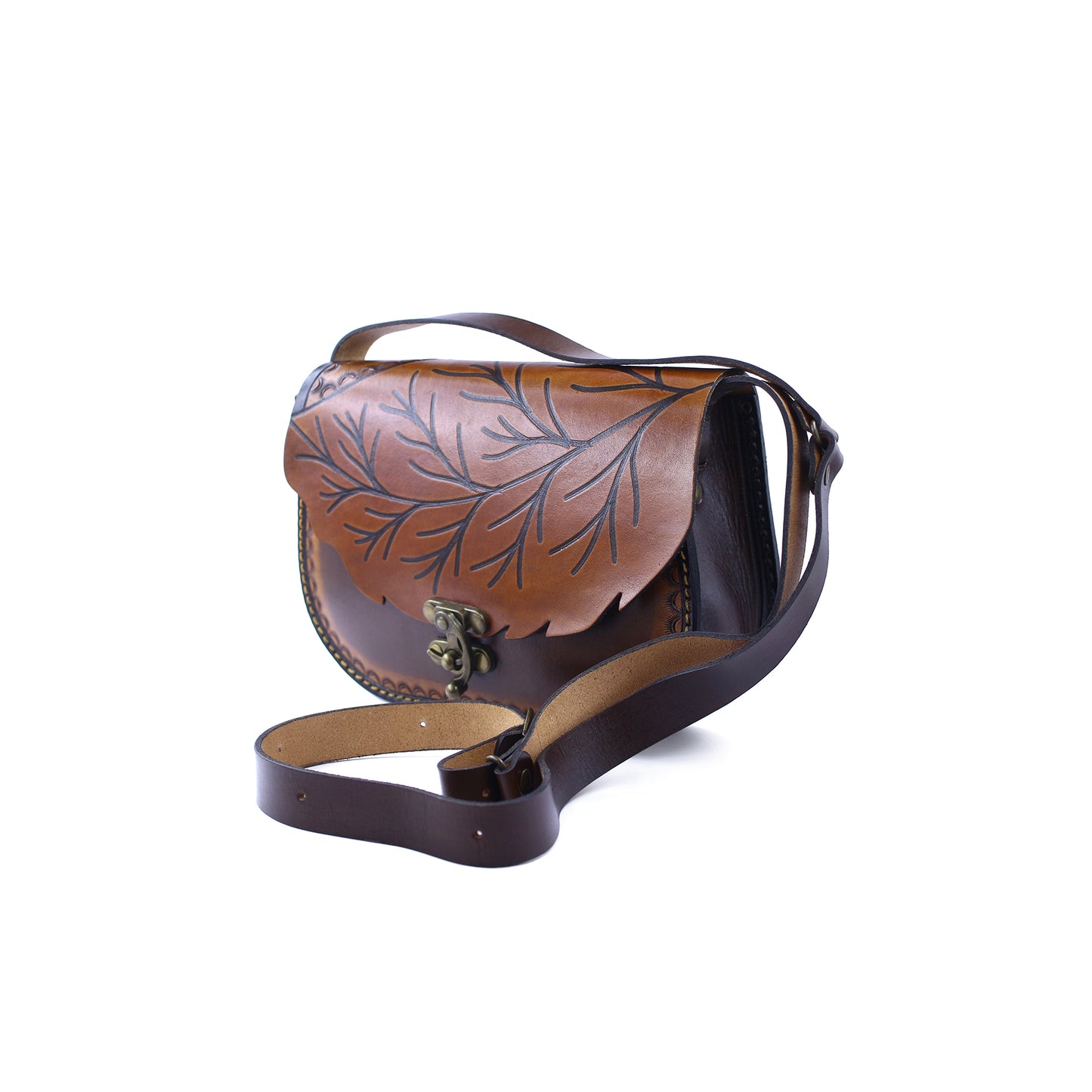 Handmade Leather Crossbody Purse | Brown Leaf Shoulder Bag | Zavelya Atelier