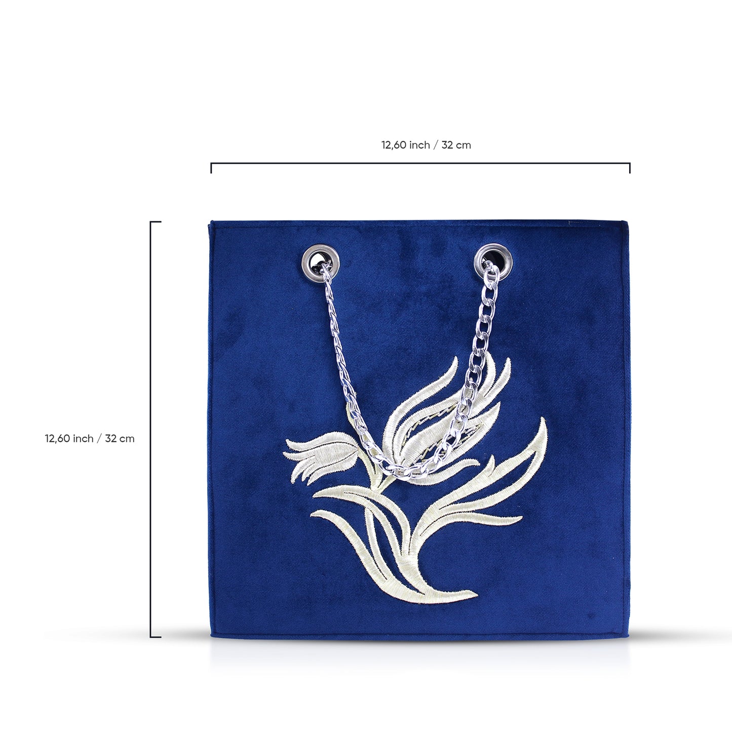 Royal Blue Velvet Tote Bag – Handmade Silver Tulip Embroidered Purse | Zavelya Atelier