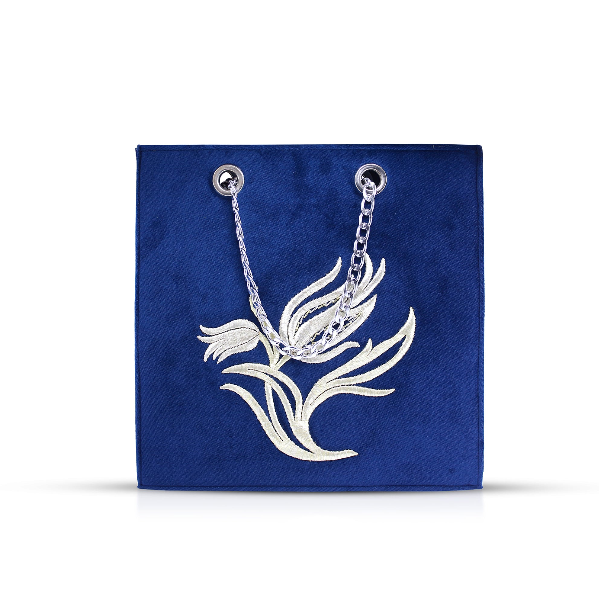 Royal Blue Velvet Tote Bag – Handmade Silver Tulip Embroidered Purse | Zavelya Atelier