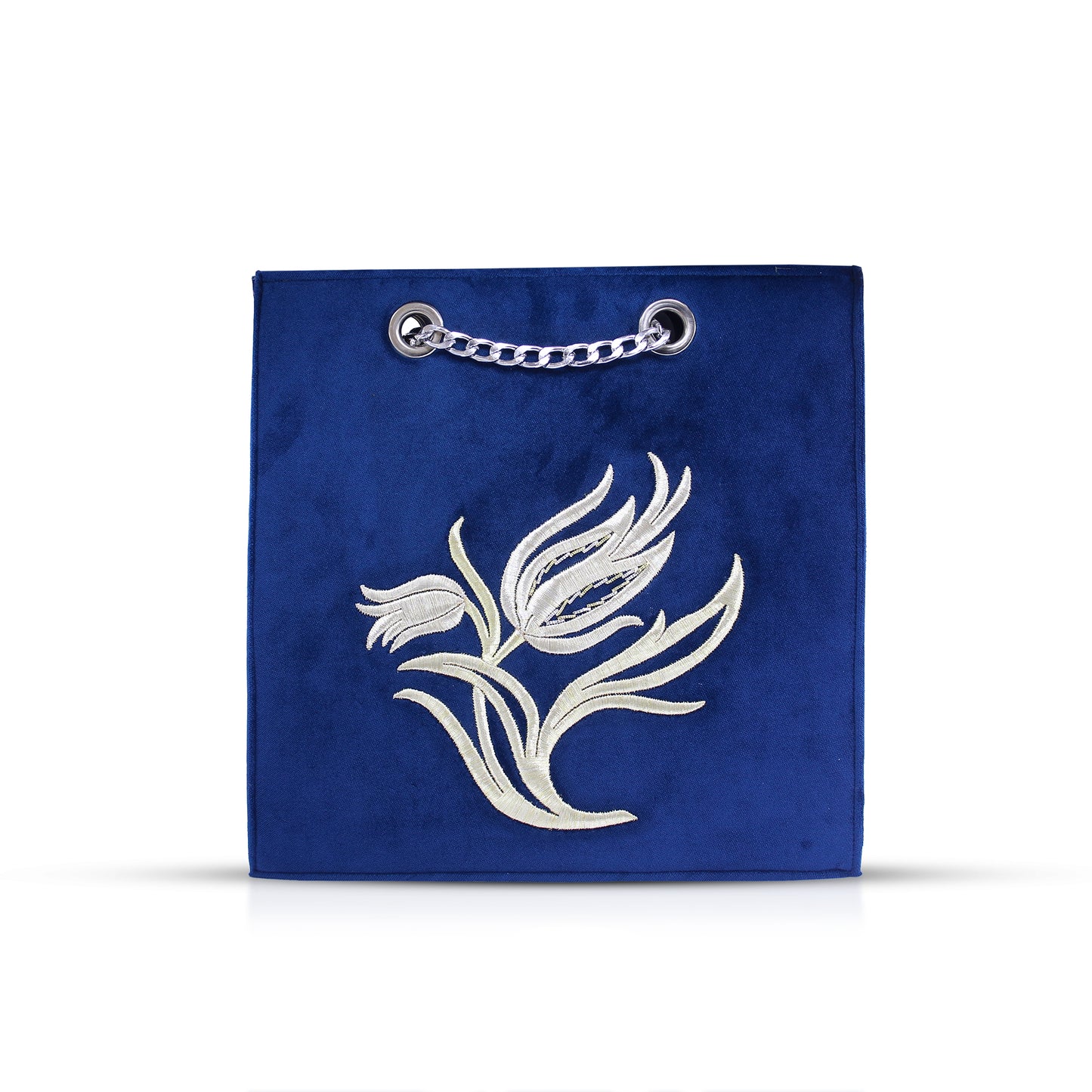 Royal Blue Velvet Tote Bag – Handmade Silver Tulip Embroidered Purse | Zavelya Atelier