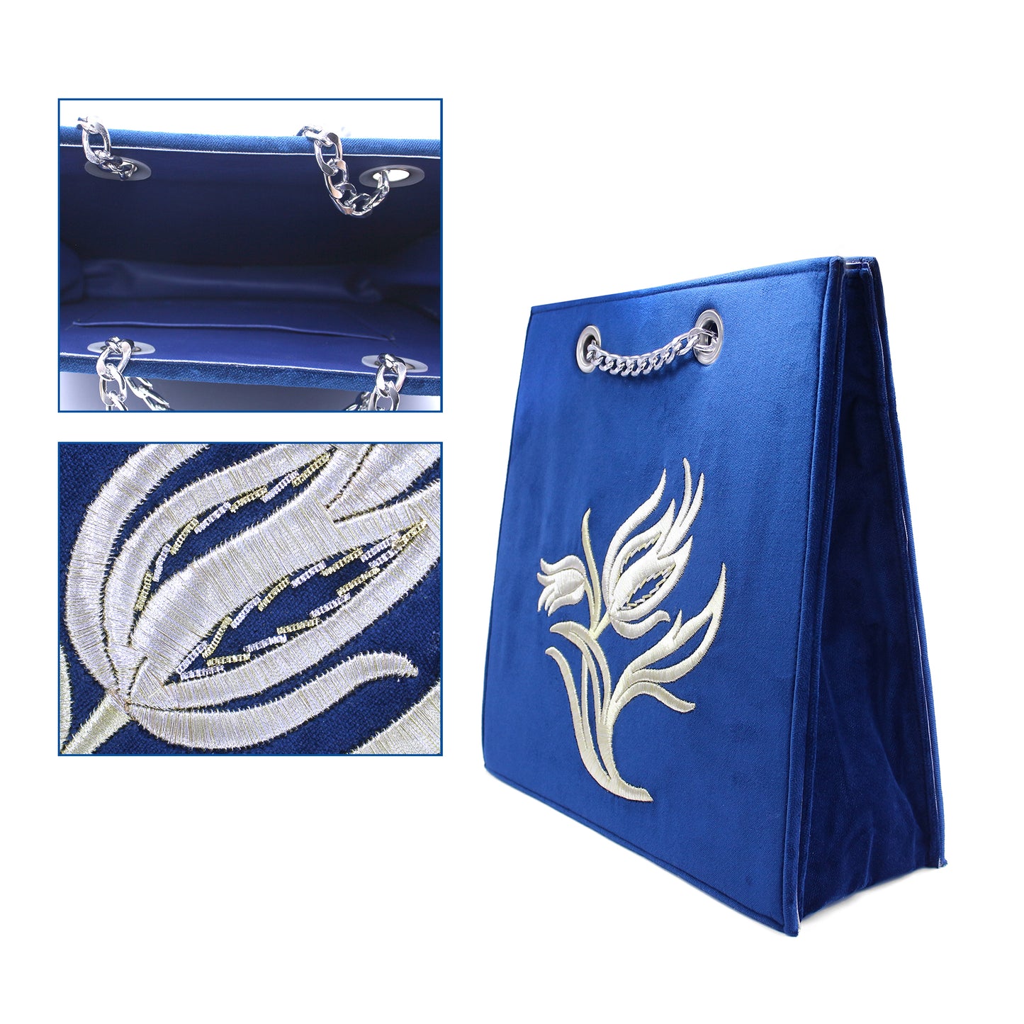 Royal Blue Velvet Tote Bag – Handmade Silver Tulip Embroidered Purse | Zavelya Atelier