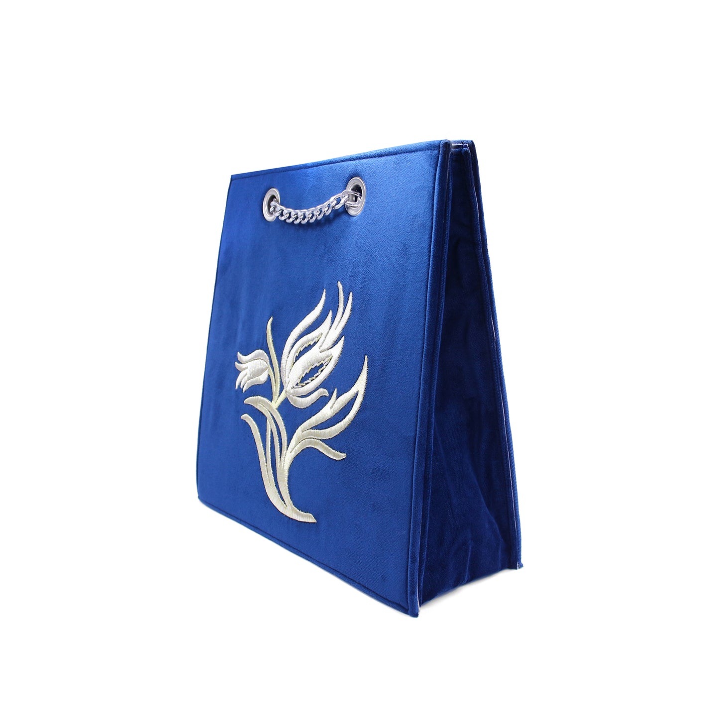 Royal Blue Velvet Tote Bag – Handmade Silver Tulip Embroidered Purse | Zavelya Atelier