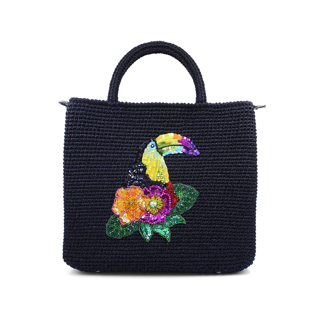 Toucan Embroidered Raffia Handbag