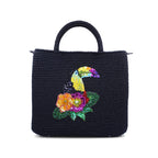 Toucan Embroidered Raffia Handbag