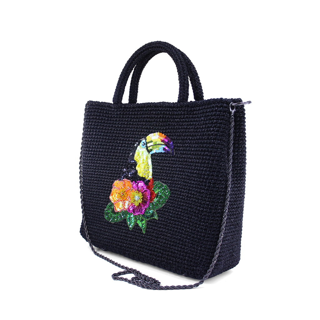 Toucan Embroidered Raffia Handbag