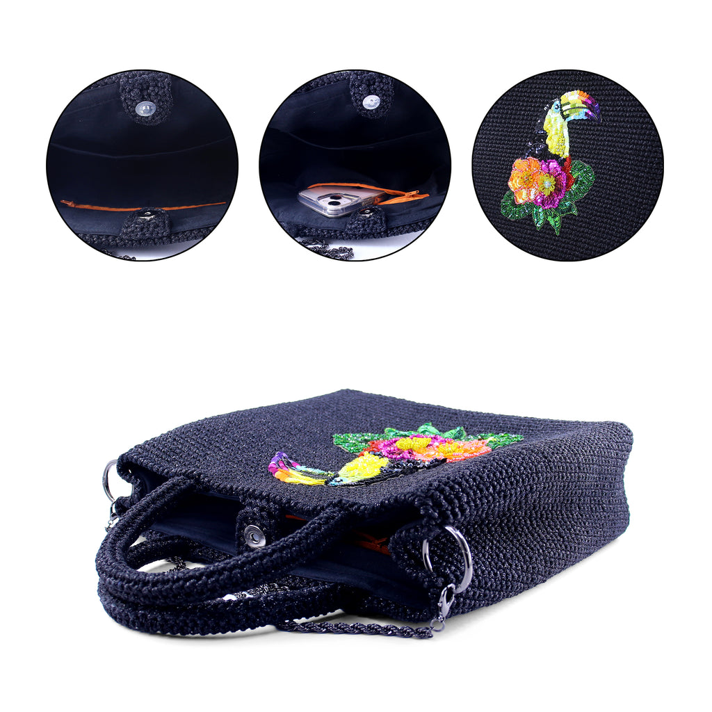Toucan Embroidered Raffia Handbag