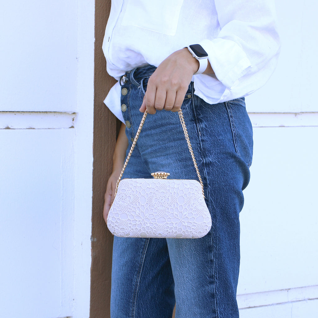White Lace Clutch Bag – Handmade Embroidered Floral Purse – Elegant Bridal Evening Bag