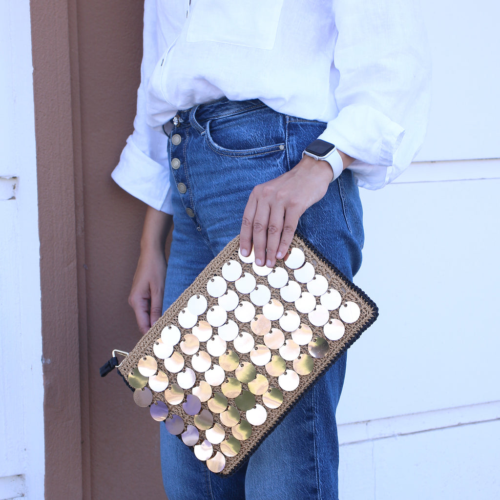 Sequin Raffia Clutch