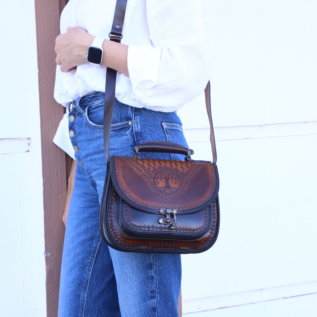 Handmade Leather Crossbody – Tree of Life Design