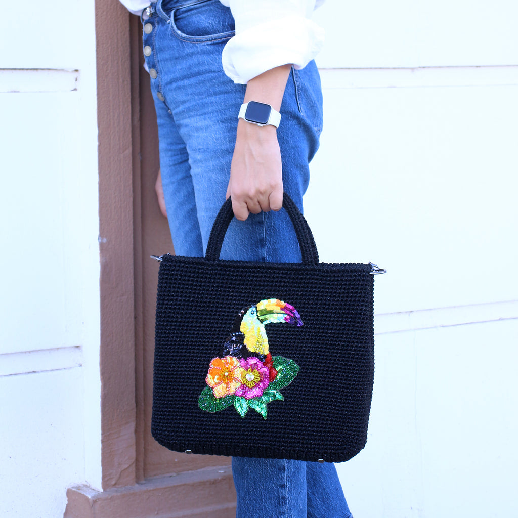 Toucan Embroidered Raffia Handbag