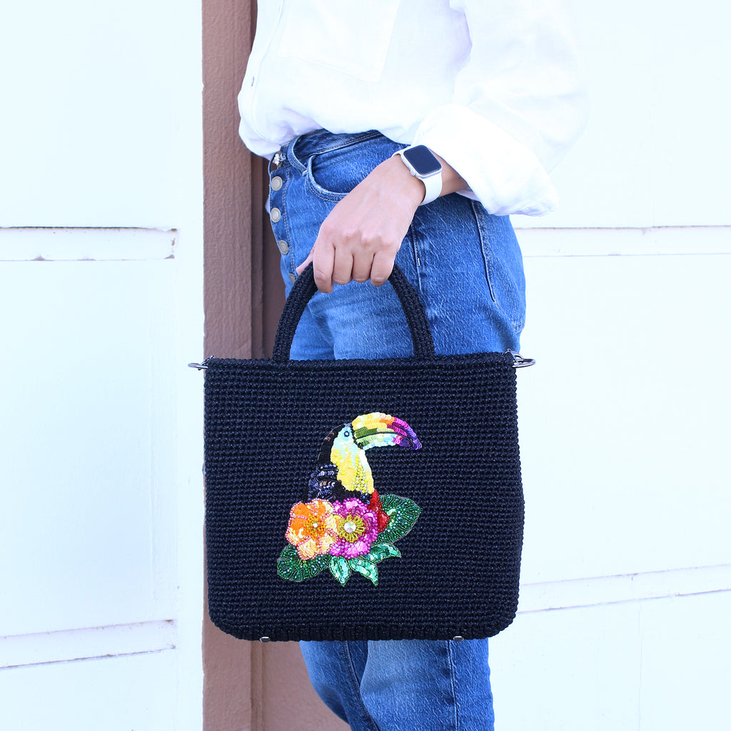 Toucan Embroidered Raffia Handbag