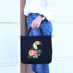 Toucan Embroidered Raffia Handbag