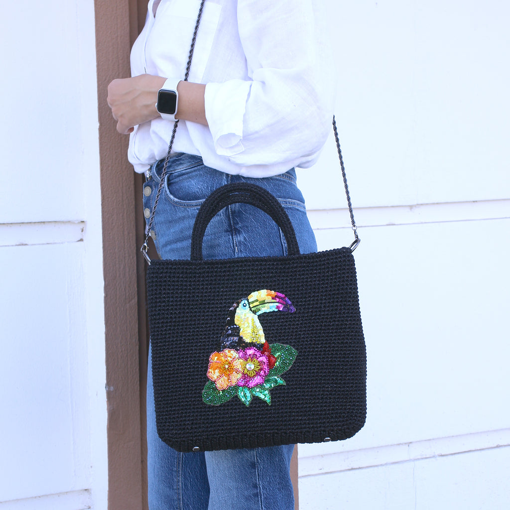 Toucan Embroidered Raffia Handbag