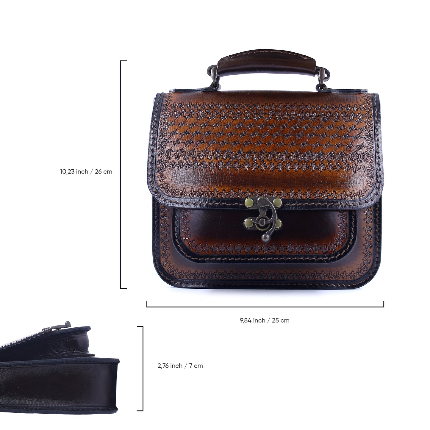 Handmade Tooled Leather Handbag – Vintage Style Brown Purse, Structured Top Handle Bag for Women