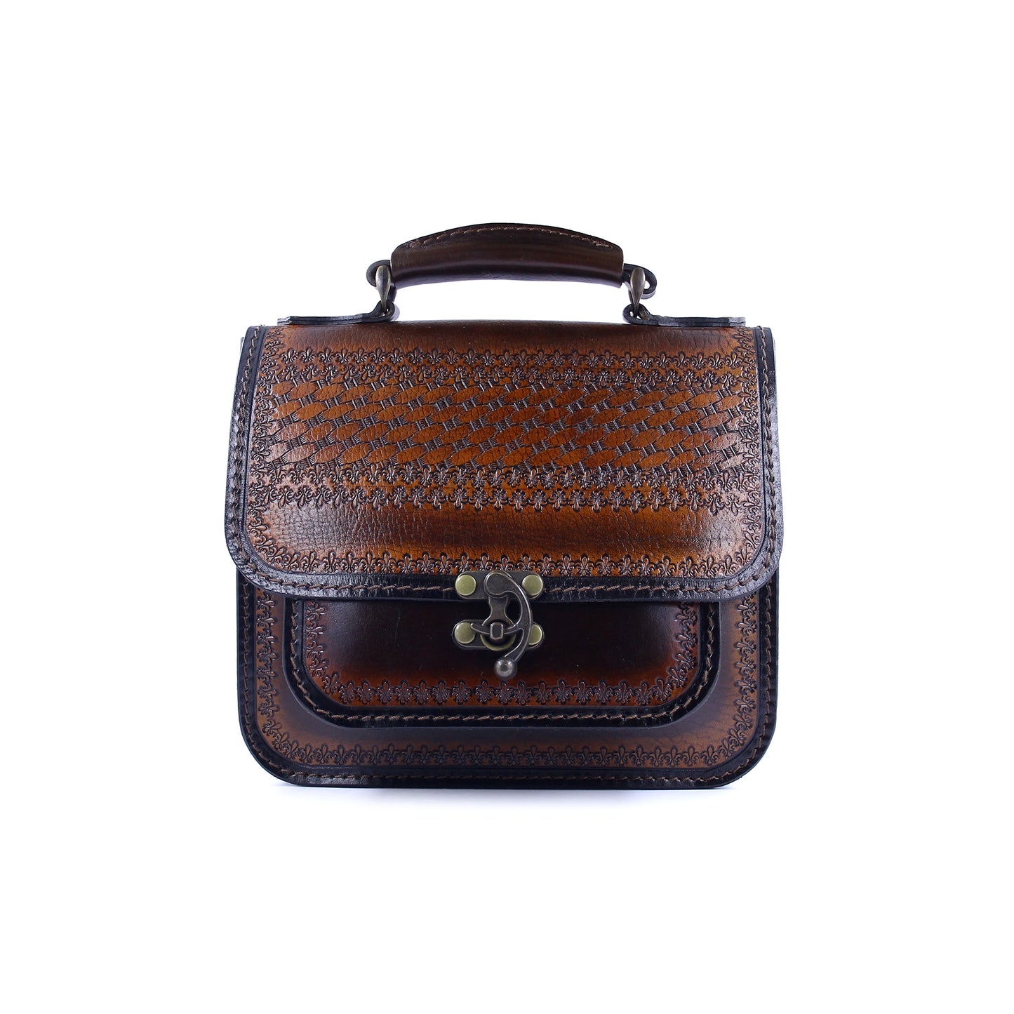 Handmade Tooled Leather Handbag – Vintage Style Brown Purse, Structured Top Handle Bag for Women