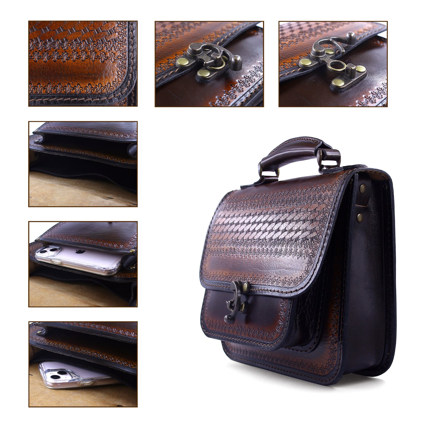 Handmade Tooled Leather Handbag – Vintage Style Brown Purse, Structured Top Handle Bag for Women