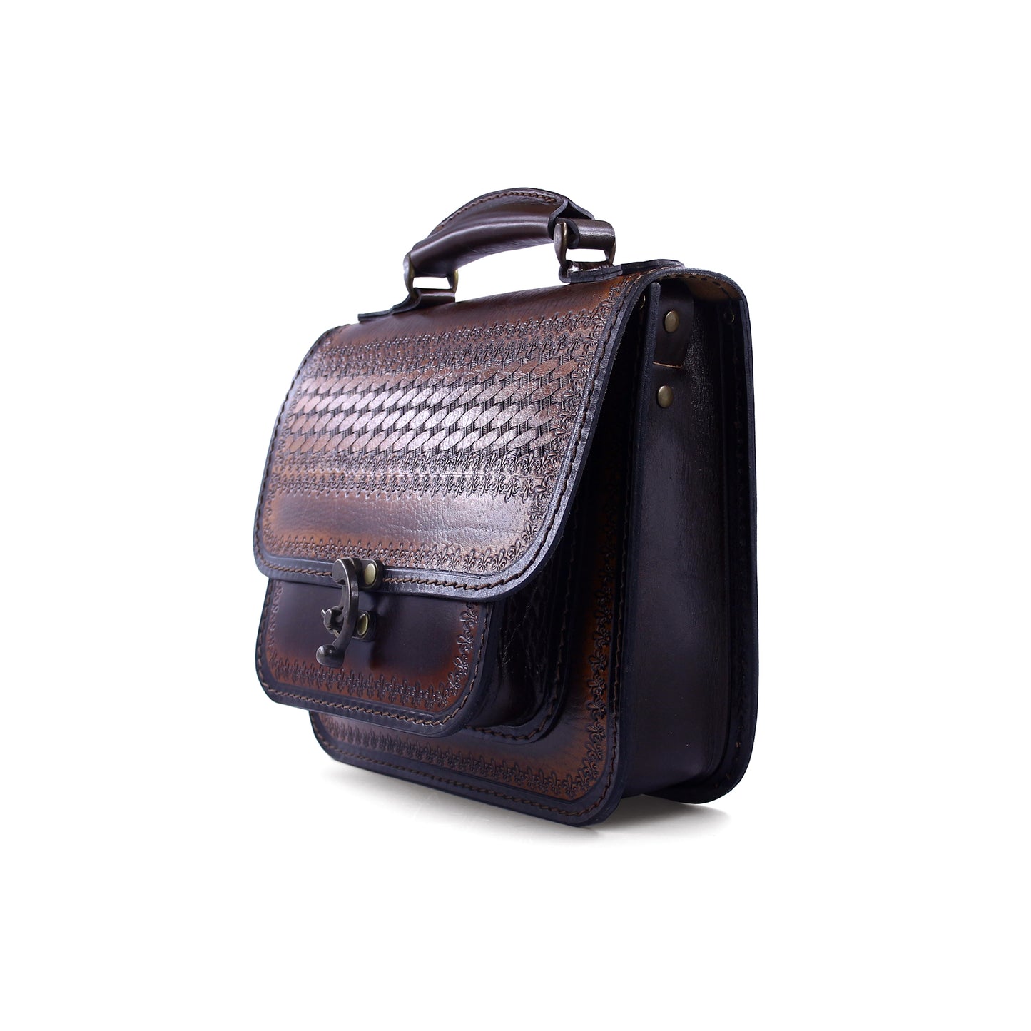 Handmade Tooled Leather Handbag – Vintage Style Brown Purse, Structured Top Handle Bag for Women