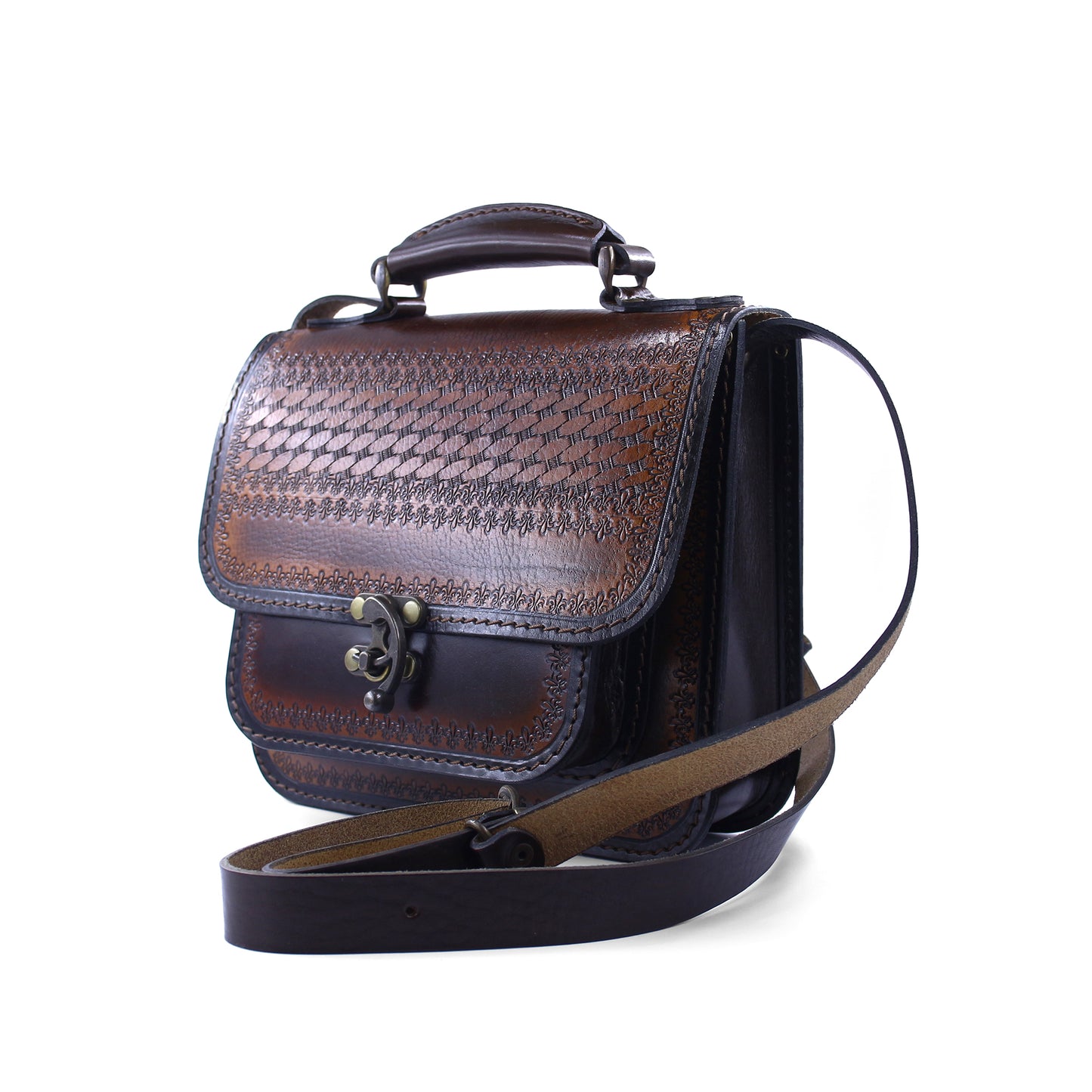 Handmade Tooled Leather Handbag – Vintage Style Brown Purse, Structured Top Handle Bag for Women