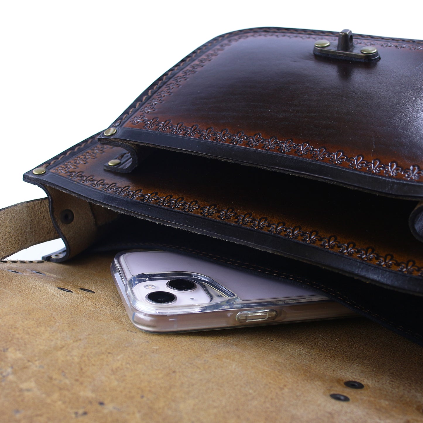 Handmade Tooled Leather Handbag – Vintage Style Brown Purse, Structured Top Handle Bag for Women