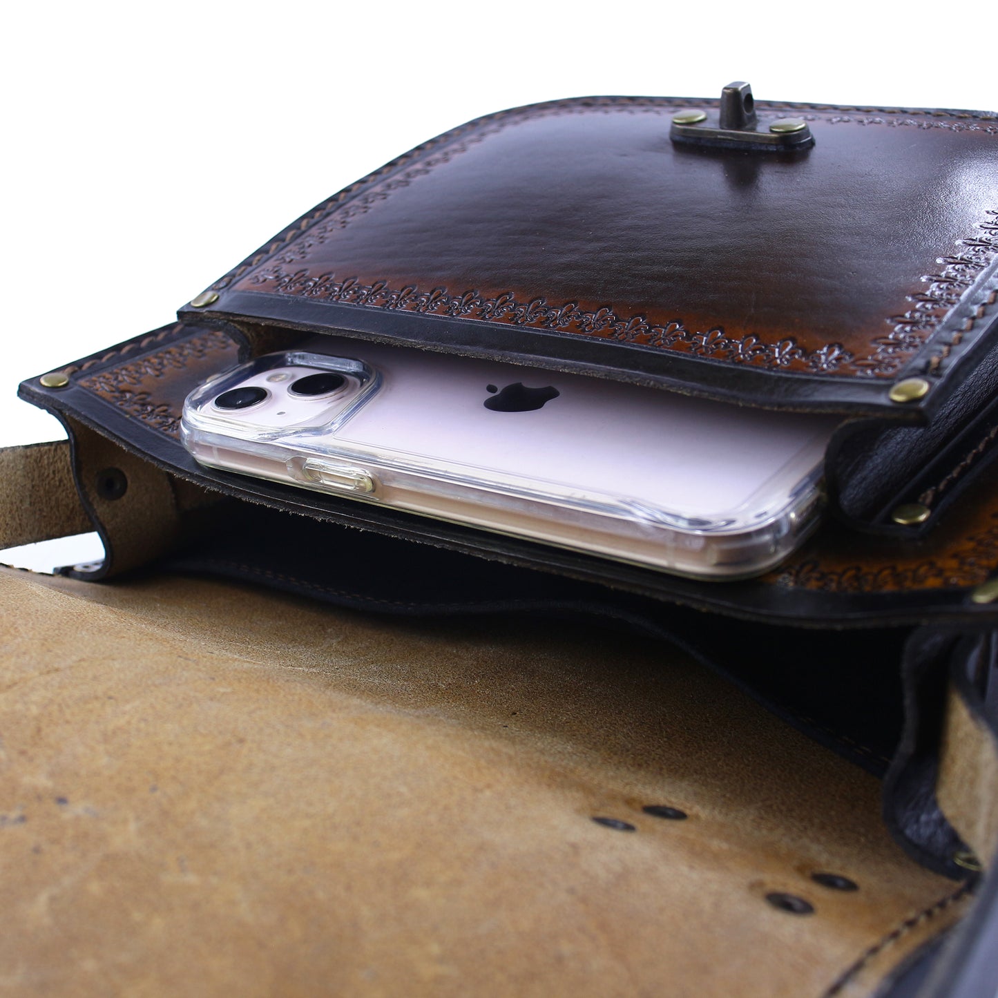 Handmade Tooled Leather Handbag – Vintage Style Brown Purse, Structured Top Handle Bag for Women