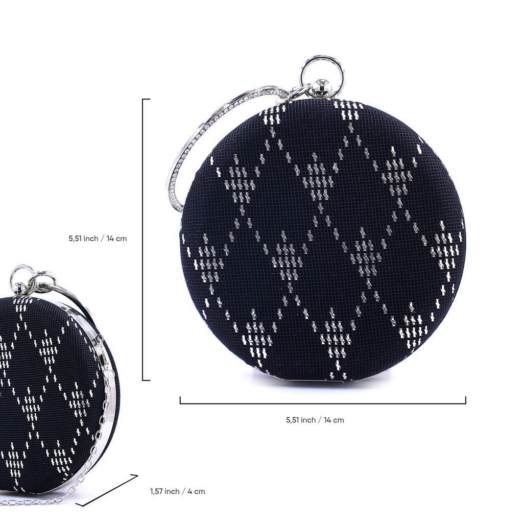 Handmade Silver Wire Embroidered Evening Clutch – Elegant Round Black Suede Purse | Zavelya Atelier
