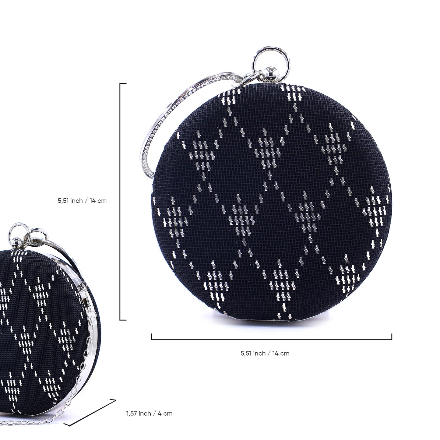 Handmade Silver Wire Embroidered Evening Clutch – Elegant Round Black Suede Purse | Zavelya Atelier