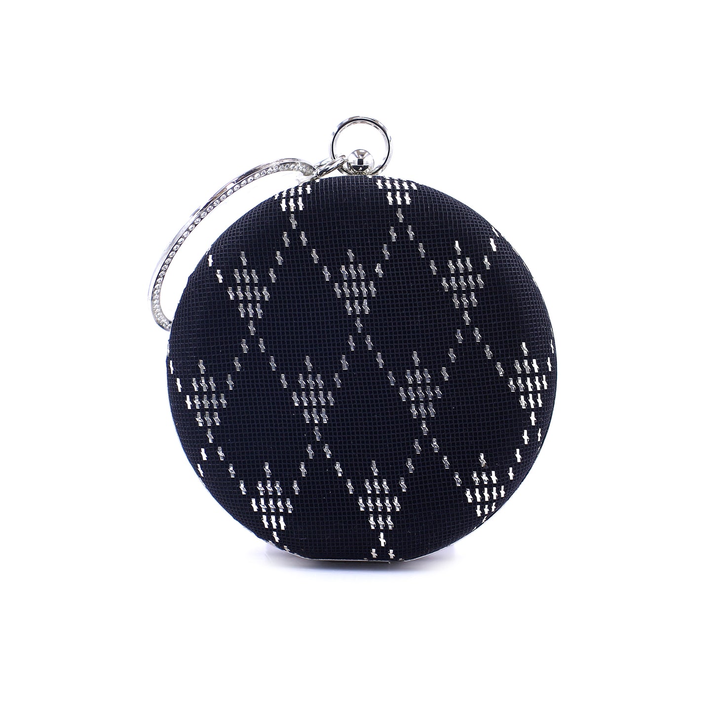 Handmade Silver Wire Embroidered Evening Clutch – Elegant Round Black Suede Purse | Zavelya Atelier