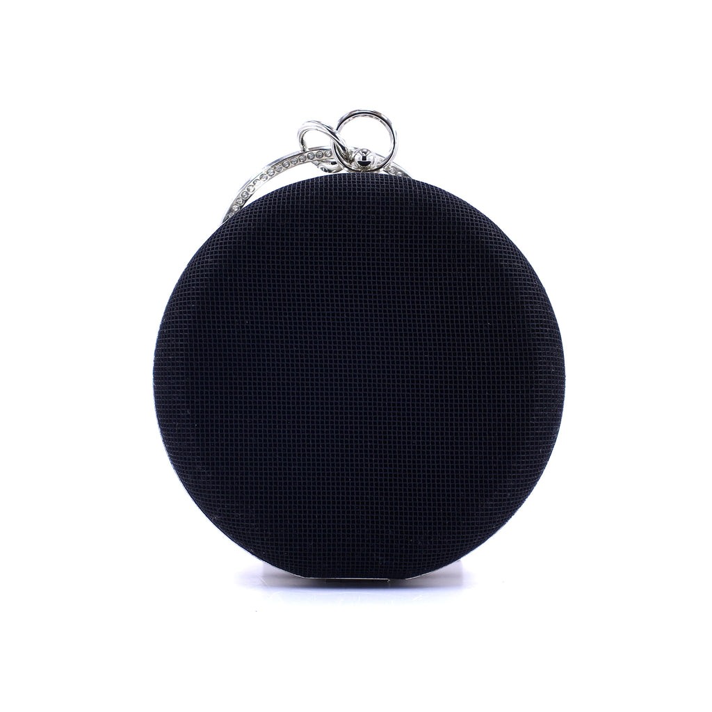 Handmade Silver Wire Embroidered Evening Clutch – Elegant Round Black Suede Purse | Zavelya Atelier