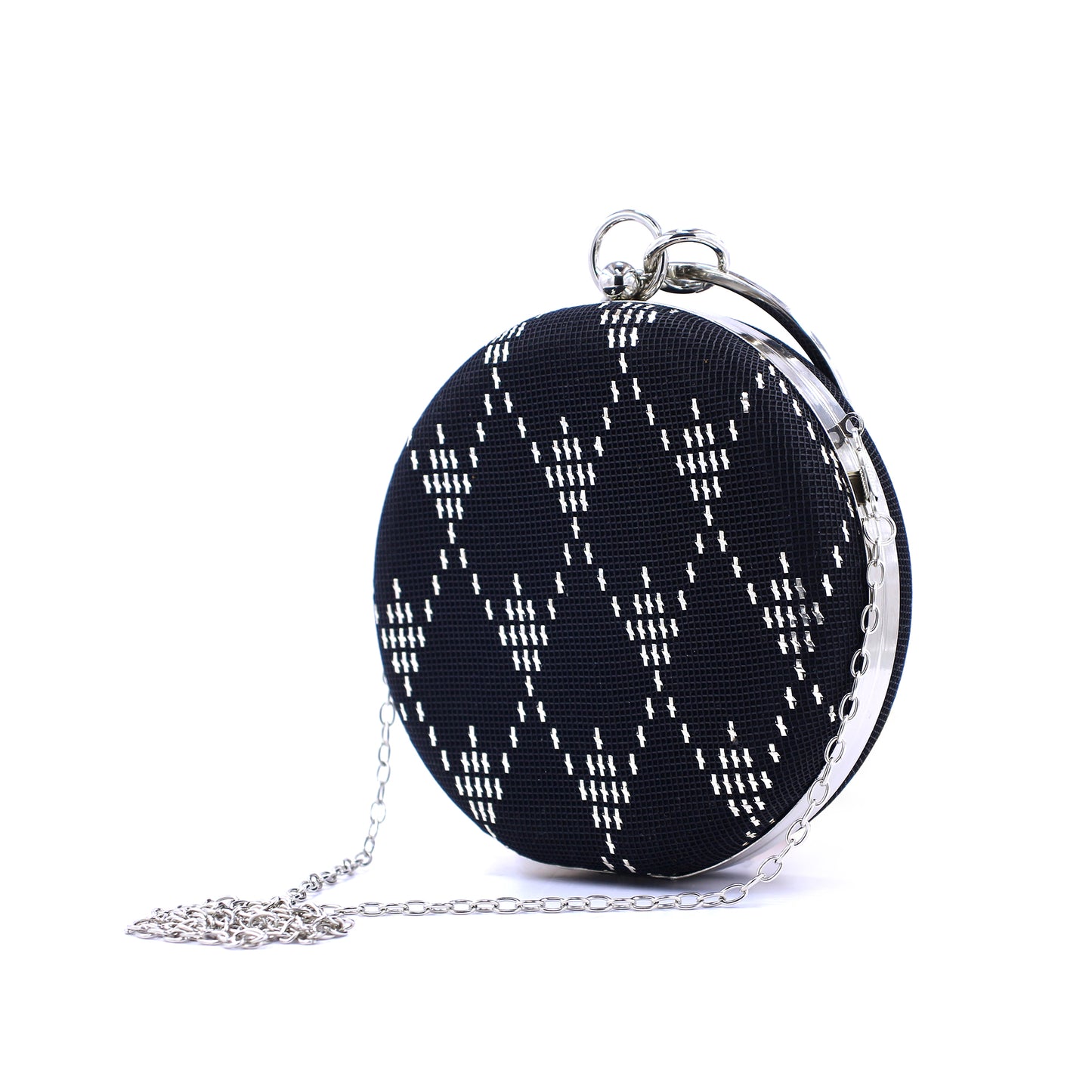 Handmade Silver Wire Embroidered Evening Clutch – Elegant Round Black Suede Purse | Zavelya Atelier