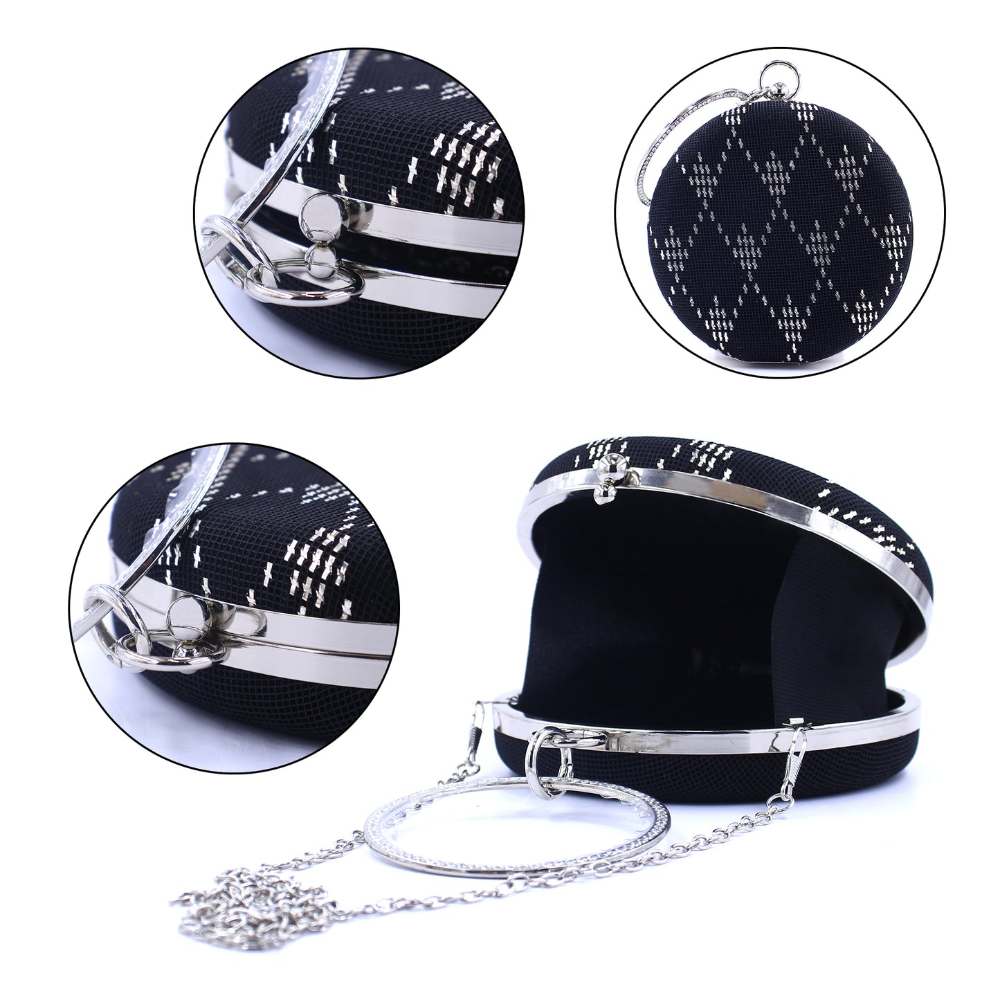 Handmade Silver Wire Embroidered Evening Clutch – Elegant Round Black Suede Purse | Zavelya Atelier