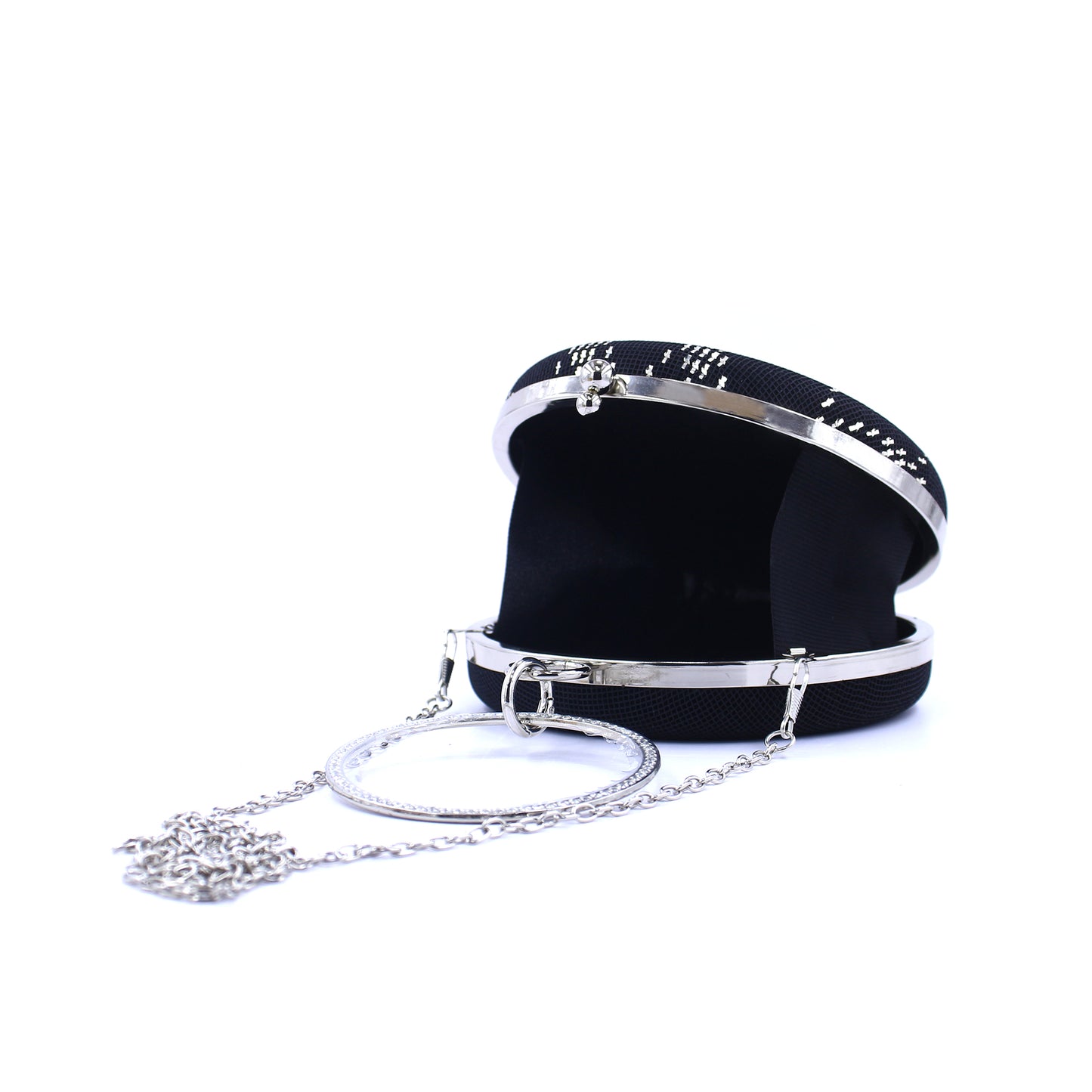 Handmade Silver Wire Embroidered Evening Clutch – Elegant Round Black Suede Purse | Zavelya Atelier