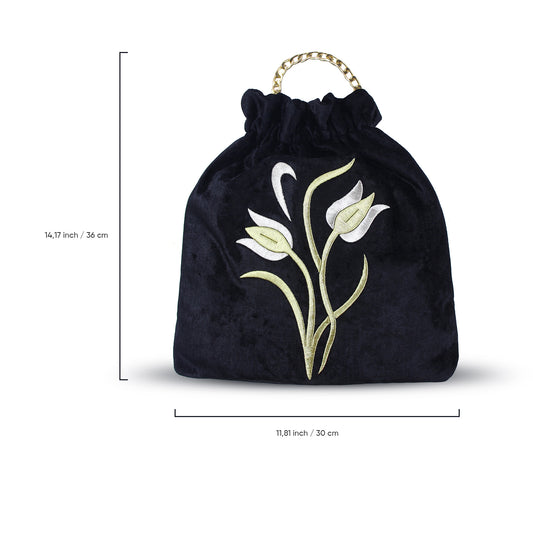 Black Velvet Bag with Sim Sırma Tulip Embroidery | Zavelya Atelier