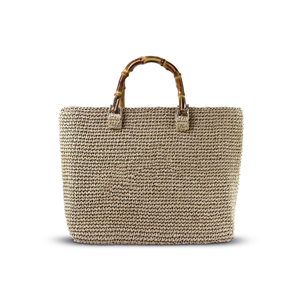 Handmade Raffia Tote Bag with Bamboo Handles – Boho Straw Beach Bag, Summer Vacation Purse by Zavelya Atelier