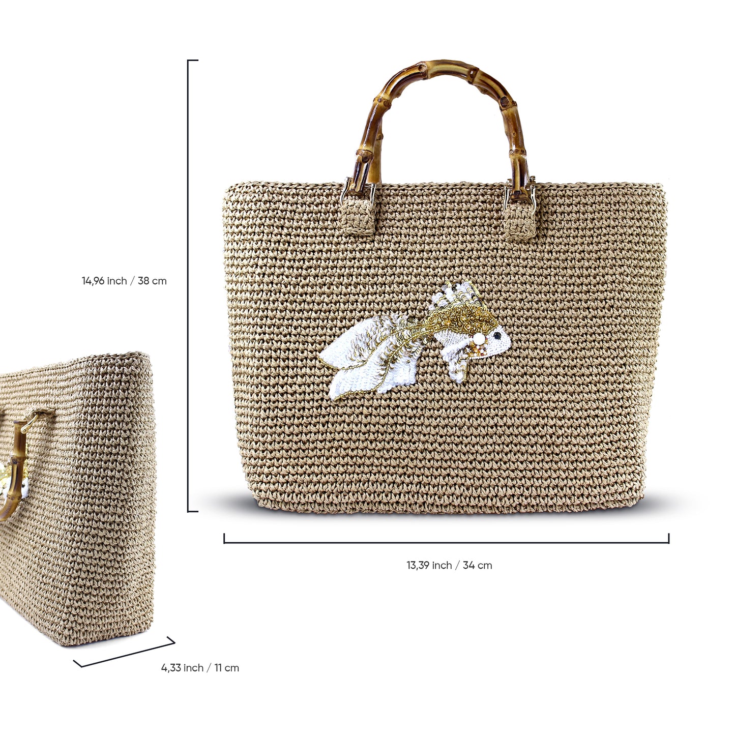 Handmade Raffia Tote Bag with Bamboo Handles – Boho Straw Beach Bag, Summer Vacation Purse by Zavelya Atelier