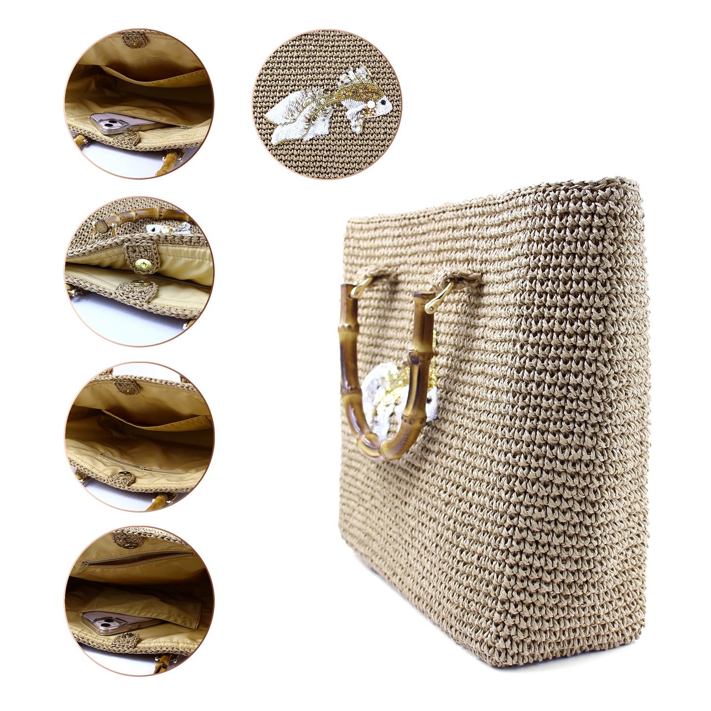 Handmade Raffia Tote Bag with Bamboo Handles – Boho Straw Beach Bag, Summer Vacation Purse by Zavelya Atelier