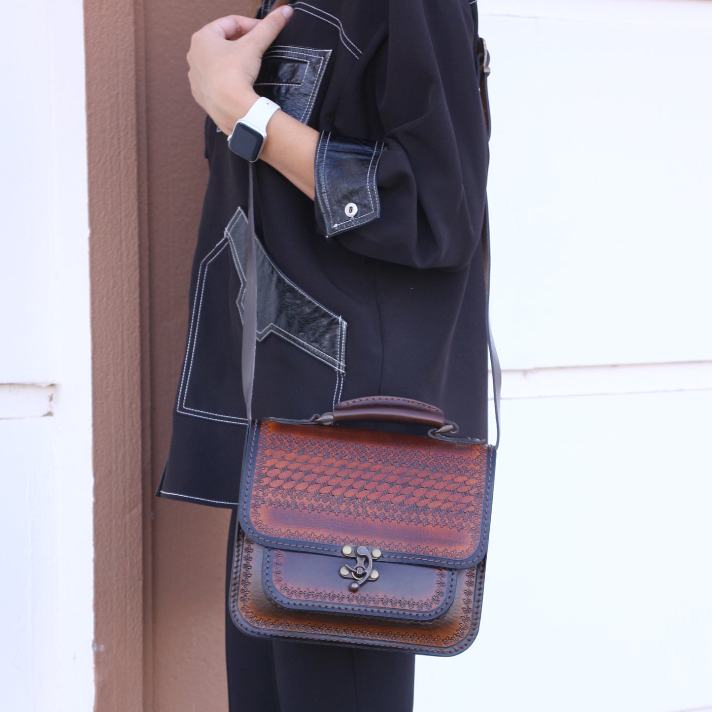 Handmade Tooled Leather Handbag – Vintage Style Brown Purse, Structured Top Handle Bag for Women