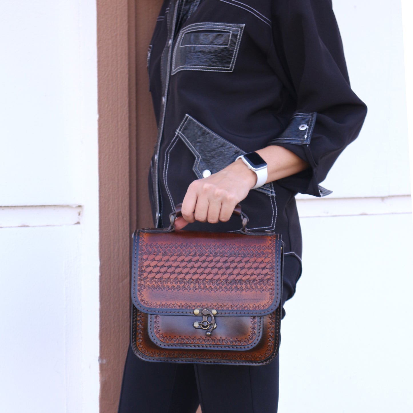 Handmade Tooled Leather Handbag – Vintage Style Brown Purse, Structured Top Handle Bag for Women