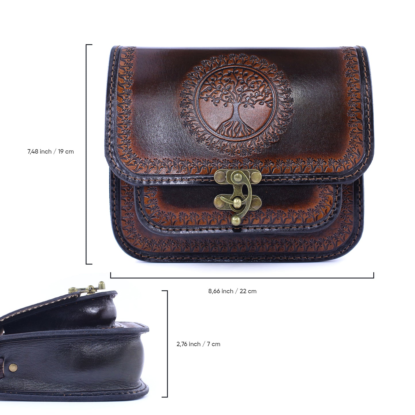 Handmade Leather Crossbody Bag – Tooled Tree of Life Design, Vintage Brown Satchel