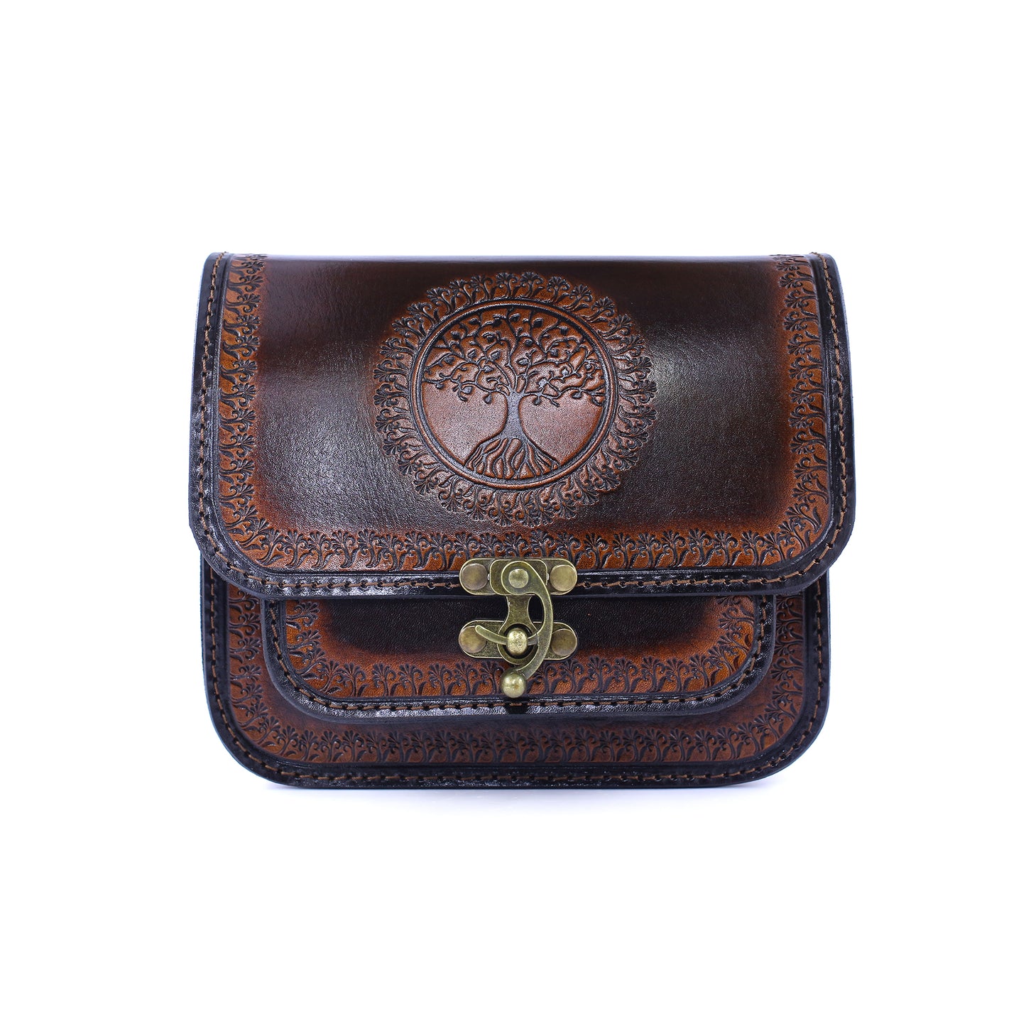 Handmade Leather Crossbody Bag – Tooled Tree of Life Design, Vintage Brown Satchel
