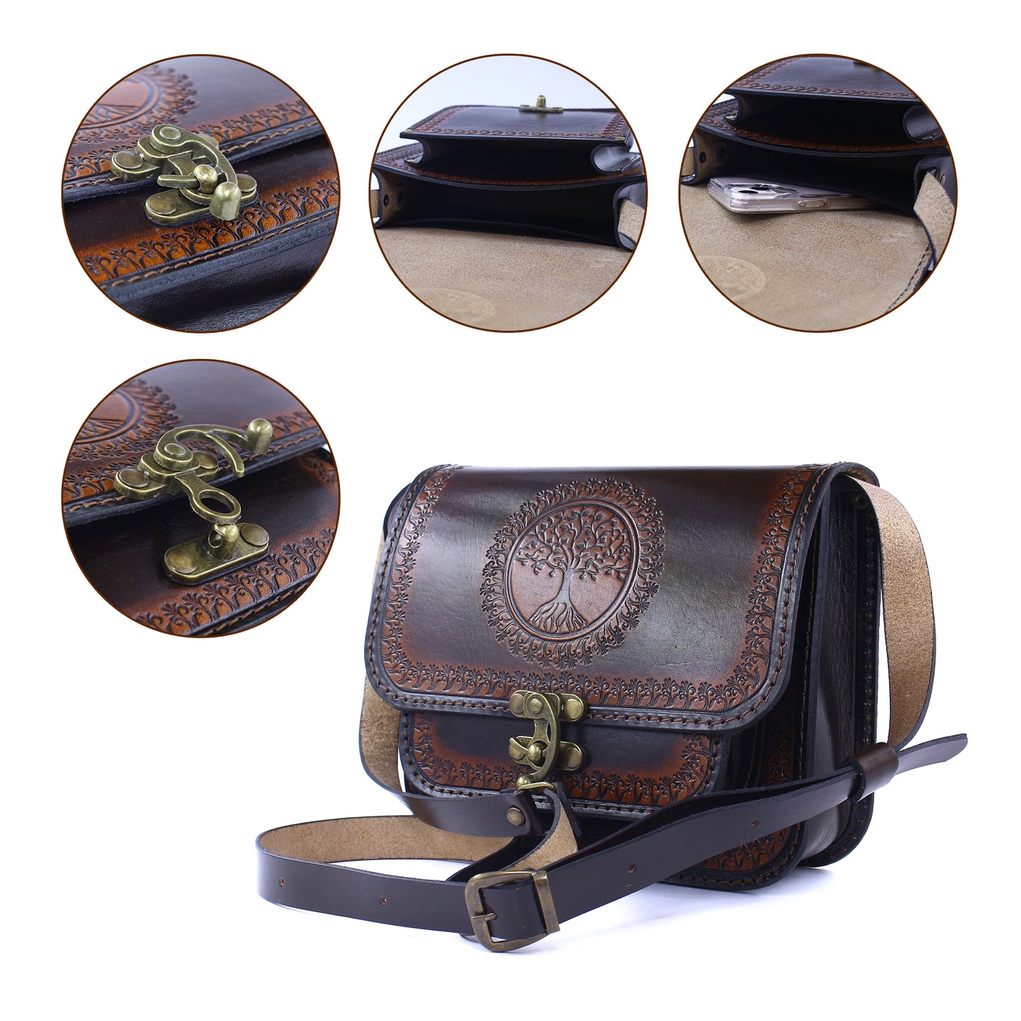 Handmade Leather Crossbody Bag – Tooled Tree of Life Design, Vintage Brown Satchel