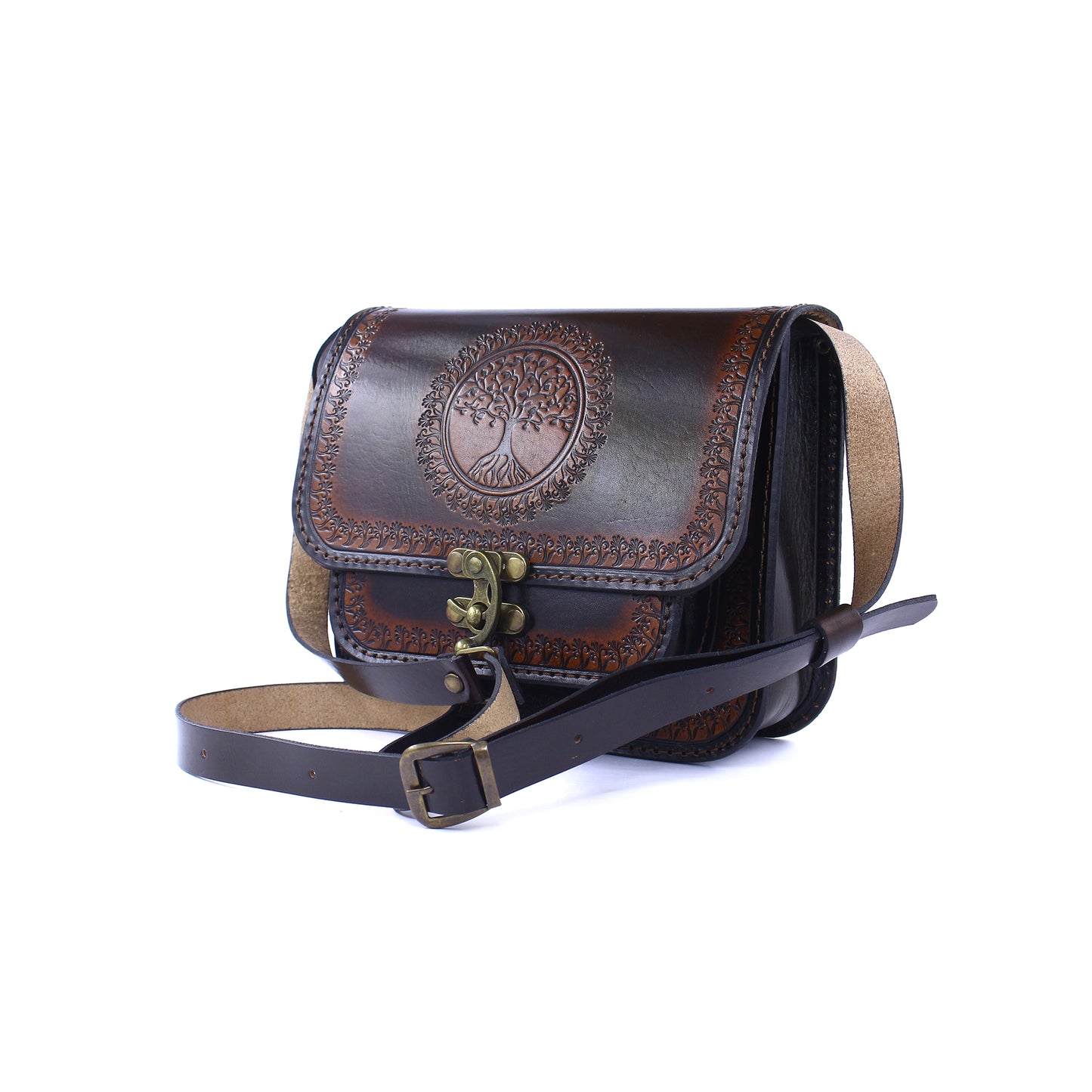 Handmade Leather Crossbody Bag – Tooled Tree of Life Design, Vintage Brown Satchel
