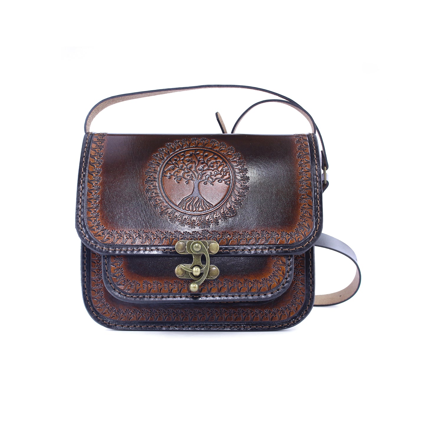 Handmade Leather Crossbody Bag – Tooled Tree of Life Design, Vintage Brown Satchel