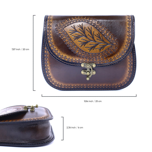 Handcrafted Leather Crossbody Bag – Vintage Brown Embossed Leaf Purse | Boho Rustic Everyday Shoulder Bag