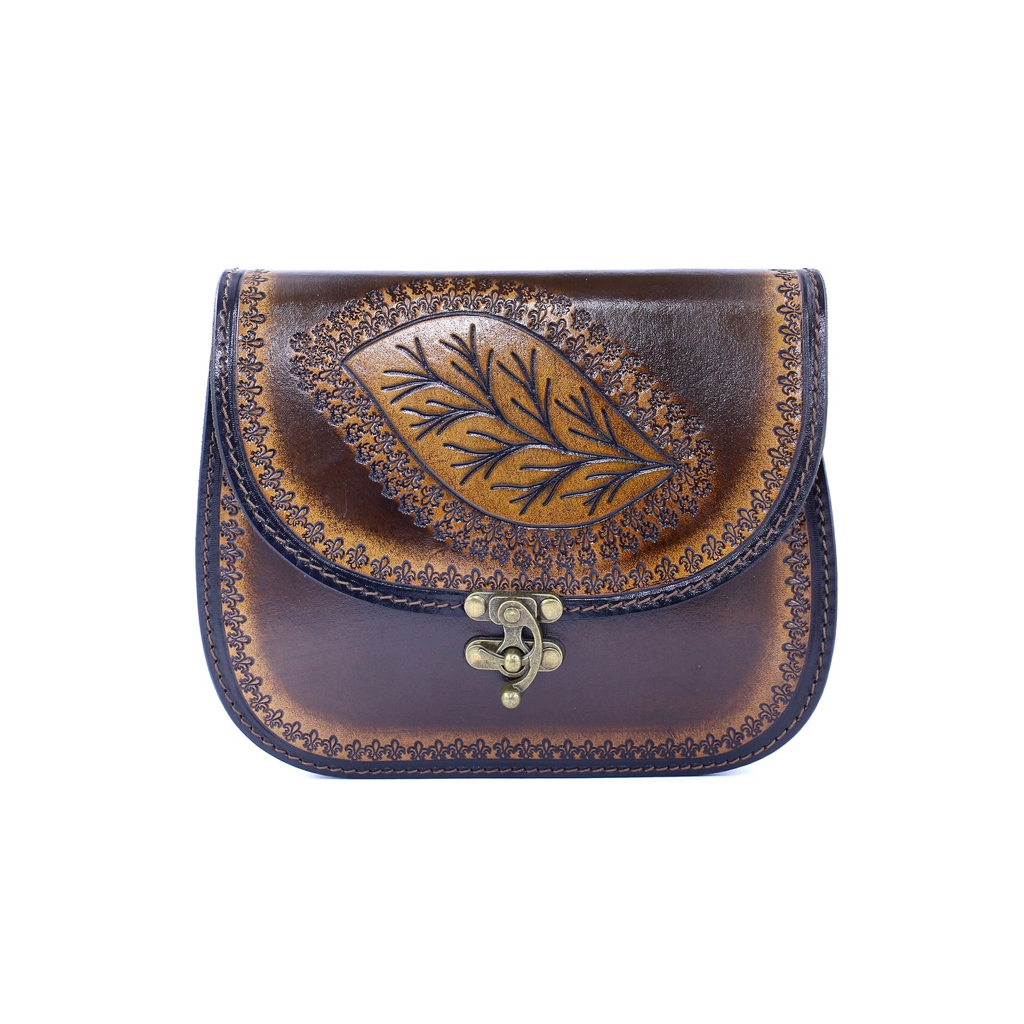 Handcrafted Leather Crossbody Bag – Vintage Brown Embossed Leaf Purse | Boho Rustic Everyday Shoulder Bag
