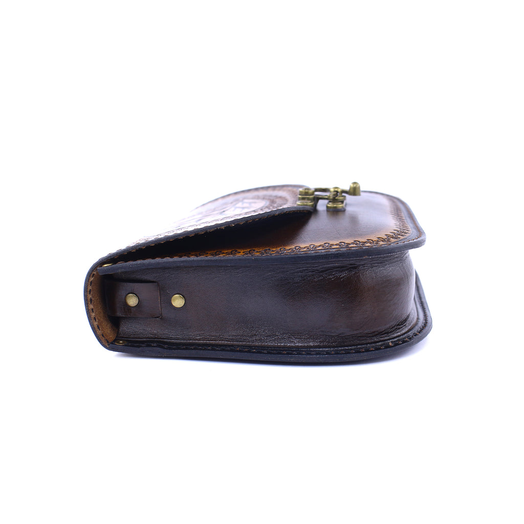 Handcrafted Leather Crossbody Bag – Vintage Brown Embossed Leaf Purse | Boho Rustic Everyday Shoulder Bag