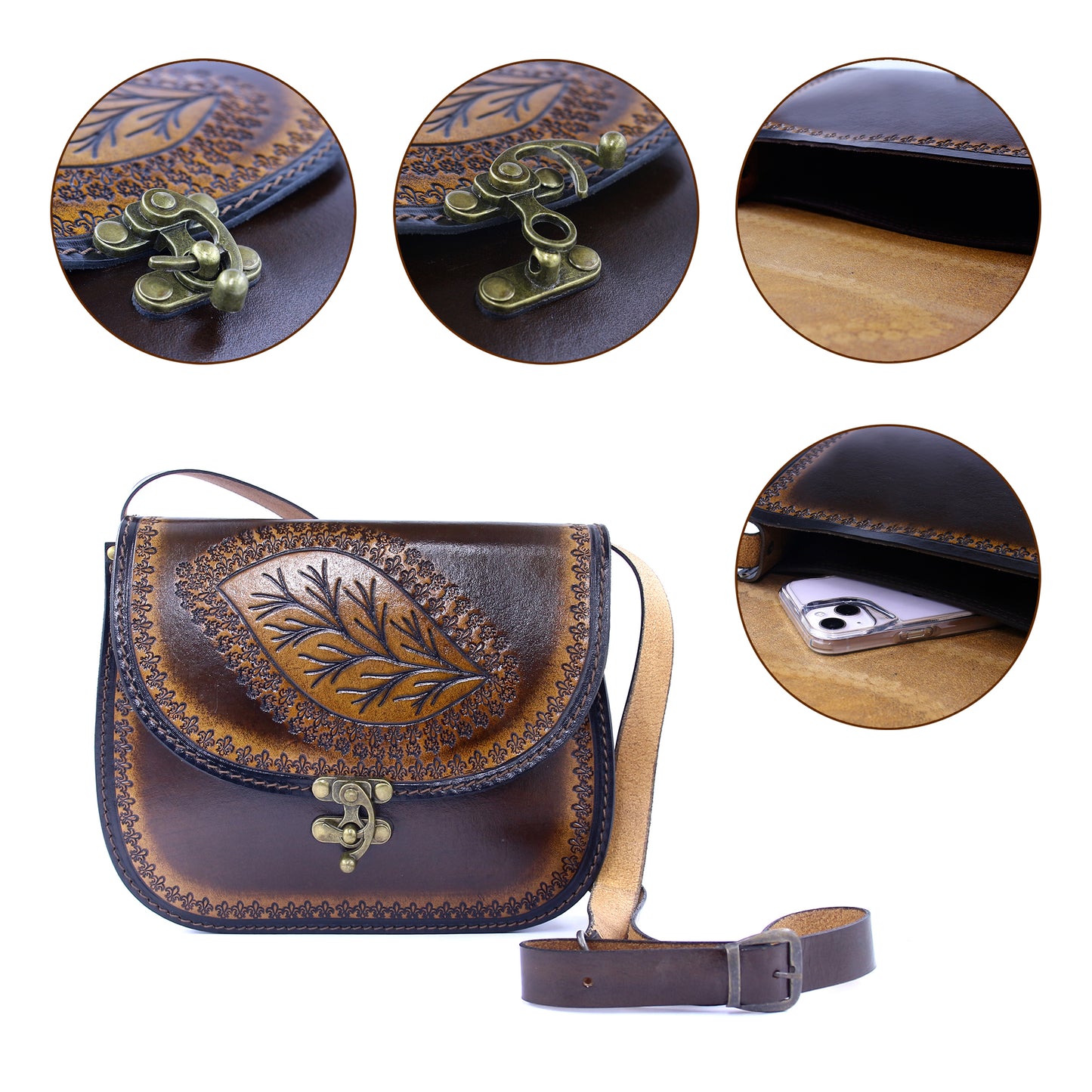 Handcrafted Leather Crossbody Bag – Vintage Brown Embossed Leaf Purse | Boho Rustic Everyday Shoulder Bag